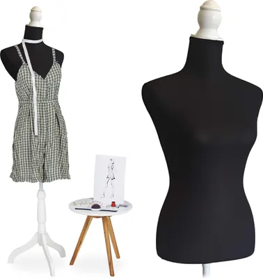Produktbild von Relaxdays Schneiderpuppe, weiblich, Größe 36/38, höhenverstellbar 160–175 cm, Holzständer, Schaufensterpuppe, schwarz