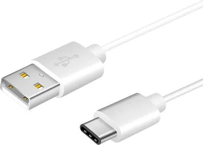 A white USB-A to USB-C charging cable is shown against a white background.