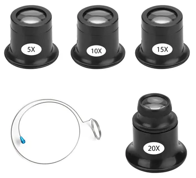 Produktbild von Vierteilige Uhrmacherlupe (5x/10x/15x/20x Vergrößerung), Juwelierlupe mit Vergrößerungslinse, Stahlring und Uhrmacherokular. Klein und leicht, ermöglicht sie die klare und einfache Identifizierung und Beobachtung von Objekten (schwarz).
