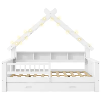 Produktbild von Merax Tagesbett Kinderbett in Hausform 140x200 cm, Daybett mit LED-Beleuchtung, USB, Ablagefächern und Schubladen, Schlafsofa Jugendbett, Weiß