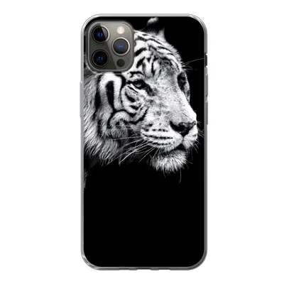 Produktbild von MuchoWow® Handyhülle Schutzhülle Hülle für iPhone 12 Pro Max Studioaufnahme eines weißen Tigers auf schwarzem Hintergrund Silikon Softcase Handy Hülle - Hartschale