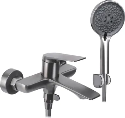 A bathroom faucet and showerhead set against a white background.