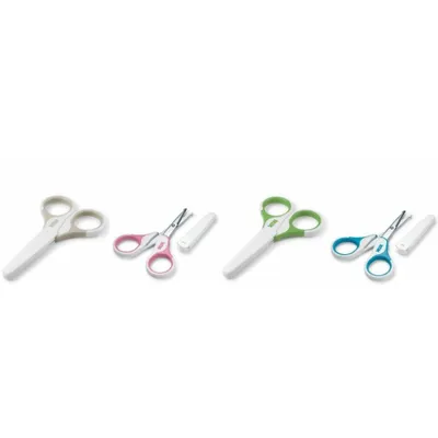 Four pairs of children's scissors in different colors, each with a protective cap.