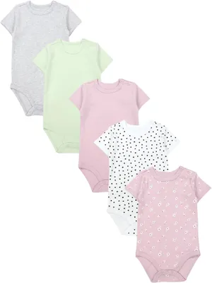 Produktbild von TupTam Baby Body Mädchen 5er Pack – Kurzarm Body Baby aus Baumwolle, Ideal für Sommer und Alltag, Farbe: Pink_Blumen_Punkte_Grau_Grün, Größe: 86