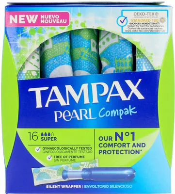 A box of Tampax Pearl Compak tampons.