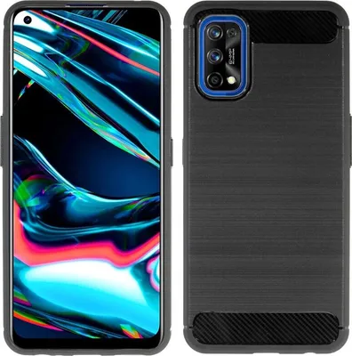 A split image showing the front and back of a black smartphone case.