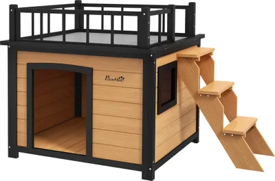Zdjęcie produktu dla PawHut buda dla psa z balkonem, podwyższony domek dla małych zwierząt ze schodami, oknem, jaskinia dla małych i średnich psów, drewno jodłowe, żółty, 121 x 77 x
