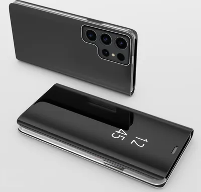 A black smartphone case with a clear view flip cover is shown from two angles against a light gray and white background.