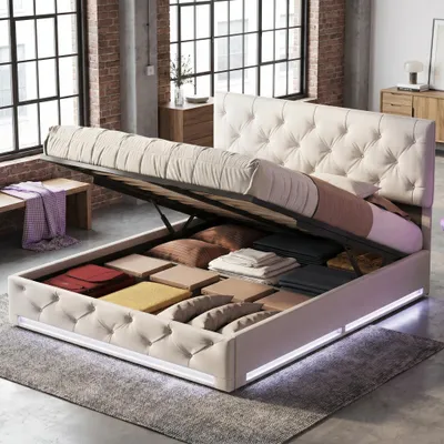 Produktbild von INONEFT Boxspringbett 140x200cm mit LED, Polsterbett mit Höhenverstellbares Kopfteil, Stauraumbett Doppelbett mit Lattenrost und Stauraum, PU, Beige
