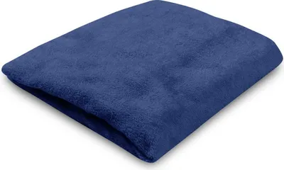 A folded blue blanket or cover on a white background.