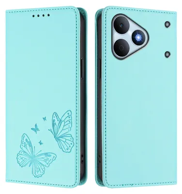 Image de Étui en cuir pour Realme Note 80, étui de protection type portefeuille en cuir gaufré motif papillon avec support, couleur turquoise