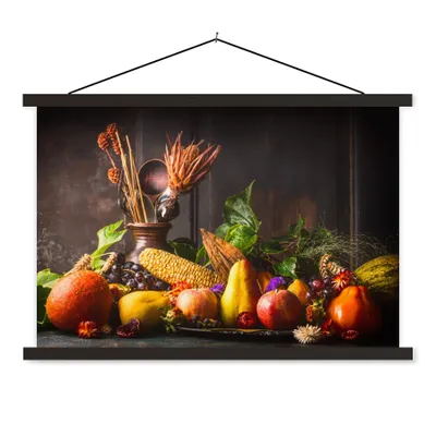 Produktbild von MuchoWow® Textilposter Gemüse - Obst - Rustikal - Tisch 60x40 cm mit schwarzem Rahmen - Hölzernes