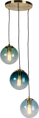 Produktbild von QAZQA - Art Deco Art Deco Hängelampe I Pendellampe I Pendelleuchte Messing mit blauem Glas - PallonI 3-flammig I Wohnzimmer I Schlafzimmer - Kugel I Kugelförmig I Länglich - LED geeignet E27