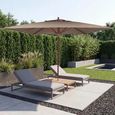 Produktbild von Gastronomie Holz-Sonnenschirm MCW-C57b, Gartenschirm, Polyester/Holz 14kg, eckig 3x3m Seilzug stoßsicher  taupe