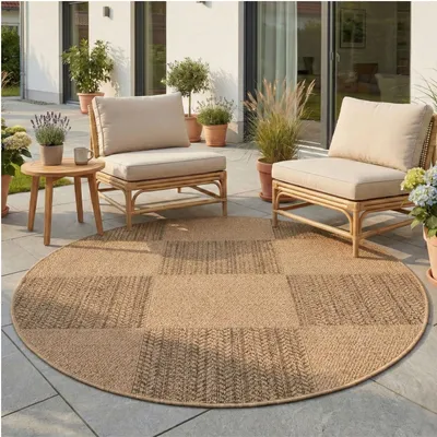 Image de Teppium Tapis Rond Extérieur 80 cm Carreaux Résistant Aspect Naturel