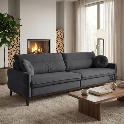 Produktbild von BEAUTYSOFA | Sofa BELLANO - Gepolsterter 3-Sitzer Sofas Loungesofa mit Armlehnen - Veloursstoff in Dunkelgrau mit schwarzen Holzbeinen