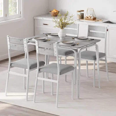 Image de Table de salle à manger avec 4 chaises, ensemble repas, structure métallique, MDF, gris et blanc, dimensions : 110 x 70 x 76 cm