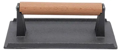 Image de Presse à viande pour grill - Presse à burgers en fonte - Pèse-steak - Poignée en bois résistante à la chaleur - 21 x 10,5 cm - Noir