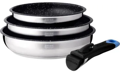 Obrázok produktu pre Sada 3 hrncov Arthur Martin AM2196, priemer 20, 24 a 26 cm, nerezová oceľ, nepriľnavý povrch, odnímateľná rúčka, vhodné na všetky typy sporákov, vrátane indukčných