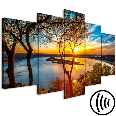 Produktbild von Akustikbild Landschaft 200x100 cm Bilder Akustikschaum Hochleistungsschallabsorber Schallschutz Leinwand 5 tlg Wandbild Raumakustik Schalldämmung See Natur Sonnenuntergang c-B-0640-b-m