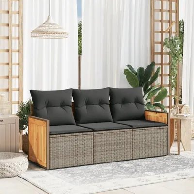 Produktbild von Design 3-tlg. Garten-Sofagarnitur mit Kissen Grau Poly Rattan, Gartenmöbel-Sets 2024 Neu