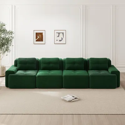 Produktbild von MODFU 4-Sitzer Modulares Sofa Cord mit Schlaffunktion,Big Sofa mit Geschwungene Rückenlehne,ohne Ottoman,Schlafsofa,Grün