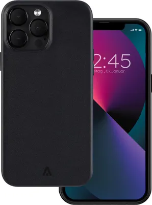 A black iPhone 14 Pro case is shown next to the phone itself, with the phone displaying the time and date.