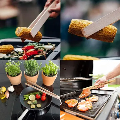 Produktbild von 3 Stück Grillzangen aus unbehandeltem Buchenholz verleimt 20 25 30 cm für Grillbuffet Brot Steak Servierwerkzeug (S M L)