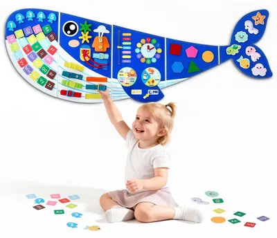 Zdjęcie produktu dla VEVOR Montessori Busy Board 12 w 1 składana filcowa tablica edukacyjna na ścianę Wieloryb, zabawka sensoryczna do edukacji i wczesnego rozwoju dla dzieci, z liczbami, literami, zwierzętami