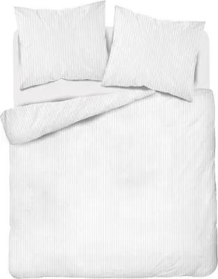 A top-down view of a white duvet and two pillows with thin vertical stripes.