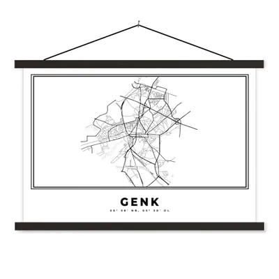 Produktbild von MuchoWow® Textilposter Karte - Stadtplan - Genk - Belgien - Schwarz und weiß 90x60 cm mit schwarzem Rahmen - Aufhängungssatz