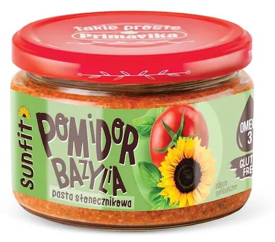 PASTA SŁONECZNIKOWA Z POMIDORAMI I BAZYLIĄ BEZGLUTENOWA 180 g - PRIMAVIKA