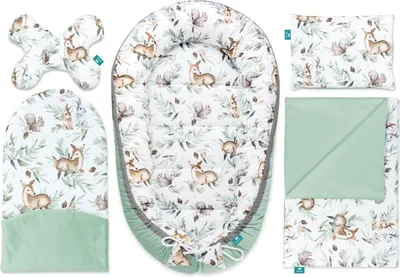 Image de Lantigo Ensemble de nid de bébé 5 pièces pour nouveau-nés, avec oreiller, couverture et cocon - Coton, 95×55 cm - Green Groove
