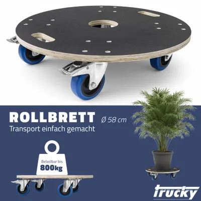 Produktbild von Trucky Rollbrett Ø 58 cm Transportroller 800 kg Möbelroller mit 4 Rollen 2 Bremsen Transportwagen Rollwagen für Möbel Transport