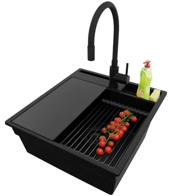 Produktbild von PRIMAGRAN Granitspüle Alles Schwarz 48x53cm, Spülbecken 1 Becken + Ablauf-Set + Küchenzubehörset, Küchenspüle ab 50er Unterschrank - Oslo Pocket