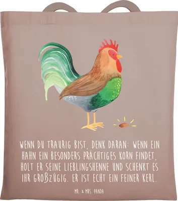 Produktbild von Mr. & Mrs. Panda Tote Bag Hahn Korn - Braun Pastell - Geschenk, studententasche, Henne, Eier, Tragetasche, Tasche, Natur, Laptoptasche, Bauernhof, Stoffbeutel