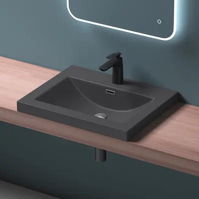 Produktbild von Mai&Mai Mineralguss Waschbecken, Matt Anthrazit, 60cm, Rechteckig, mit 1 Armaturenloch und Überlauf, wärmespeichernd, für Einbau & Aufsatz, Modell Col01, DIN-genormt