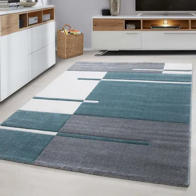 Productafbeelding van Ayyildiz Moderne en design vloerkleden Blauw 240x340 cm Laagpolig vloerkleed, geruit patroon, blauwe, vloerkleed voor de woonkamer, jute achterkant