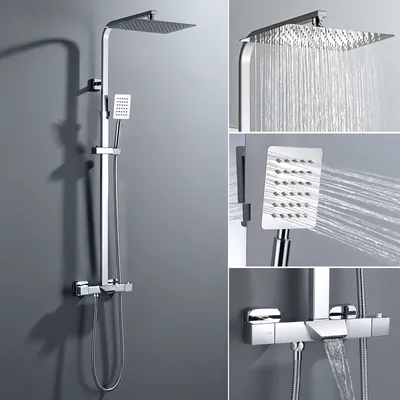 Produktbild von Thermostat-Duschsystem, 3-Funktions-Duscharmatur, Komplettset mit Regendusche, Handbrause und Wasserfall-Badewannenarmatur, Duschgarnitur für Badewannen