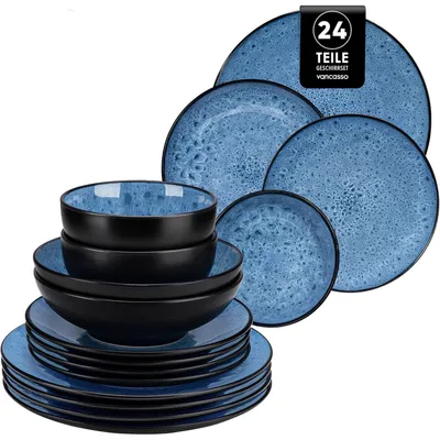 Produktbild von Tafelservice 24-teilig für 6 Personen aus Steingut, blau, mikrowellenfest