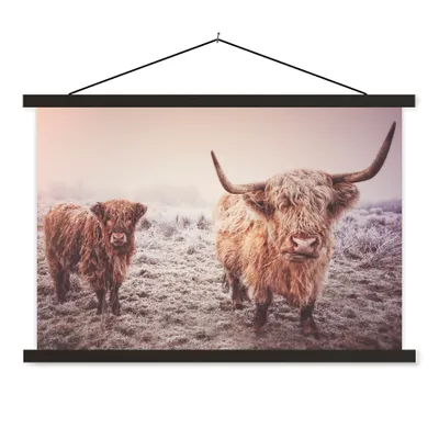 Produktbild von MuchoWow® Textilposter Schottische Highlander - Schnee - Sonne 60x40 cm mit schwarzem Rahmen - Hölzernes