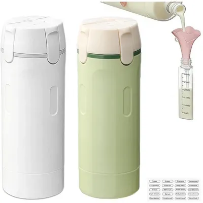 Produktbild von 4-in-1 Reise Spender Flaschen Set (2 Stück) - Auslaufsicher & Wiederbefüllbar - Für Shampoo, Lotion, Creme & Conditioner