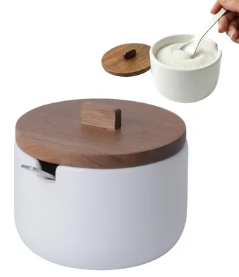Image de Pot à sucre en céramique avec cuillère et couvercle en bois - 10,5 x 9 cm