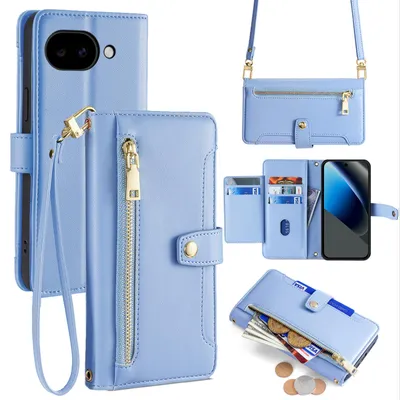 Produktbild von Handykette Google Pixel 10A Hülle mit Band Handyhülle Kartenfächer Kunstleder Umhängetasche in Hellblau