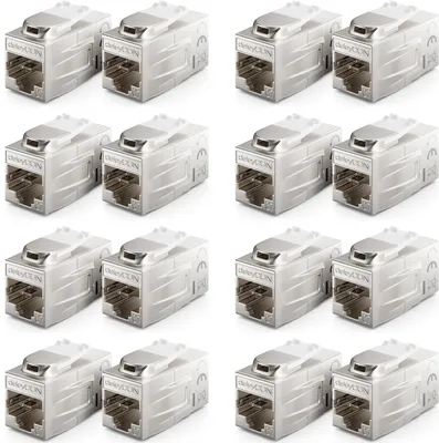 Produktbild von deleyCON 16 Stück CAT 7 Kupplung Keystone Metall 2x RJ45 Buchse Verbinder für RJ45 Patchkabel 600 MHz 10 Gbps LAN DSL Ethernet und Nutzbar als Keystone - Silber