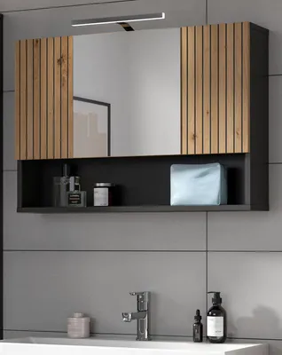 Produktbild von Badezimmer Spiegelschrank "Livia" in Artisan Eiche und grau Badschrank 3-trig 80 x 55 cm