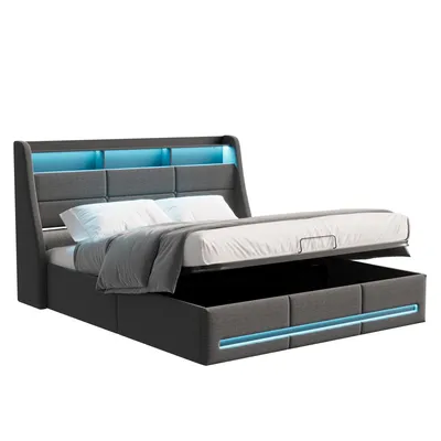 Produktbild von ProximaX Polsterbett 140x200cm mit USB, Jugendbett Doppelbett mit Lattenrost, Stauraumbett mit LED, Leinen, Grau