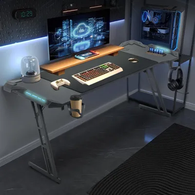 Produktbild von YZNAHRE Schreibtisch Gaming Tisch 140x60cm Höhenverstellbar Gamingtisch mit LED & Kabelloch & Kopfhörerständer & Tassenhalter, Kohlefaserplatte Ergonomischer PC Computertisch
