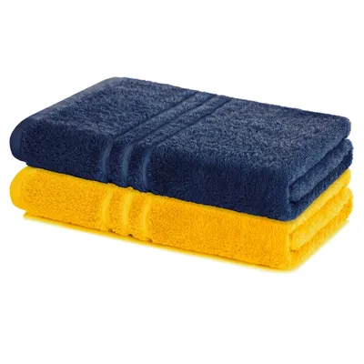 Zdjęcie produktu dla Lavea® zestaw 2 ręczników kąpielowych 100 x 150 cm bawełna, chłonny ręcznik kąpielowy duży, frotte Elena, ręcznik kąpielowy, miękki, można prać w 60 °C, można suszyć w suszarce, granatowy i żółty