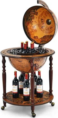 Zdjęcie produktu dla Wózek barowy Globusbar z kółkami i pokrywką Stojak na wino Szafka na wino Ø 60,5 x 95,5 cm brązowa